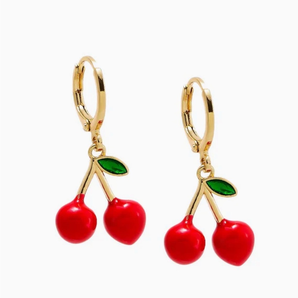 New Red Enamel Dangling Cherry Huggie Earring